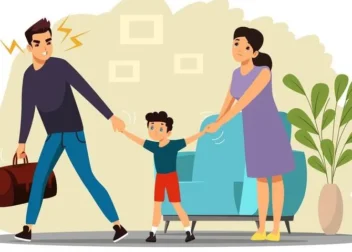 Angry man leaving family after conflict. Woman and man quarreling, father leaves thinking of divorce, child suffering, wife crying.